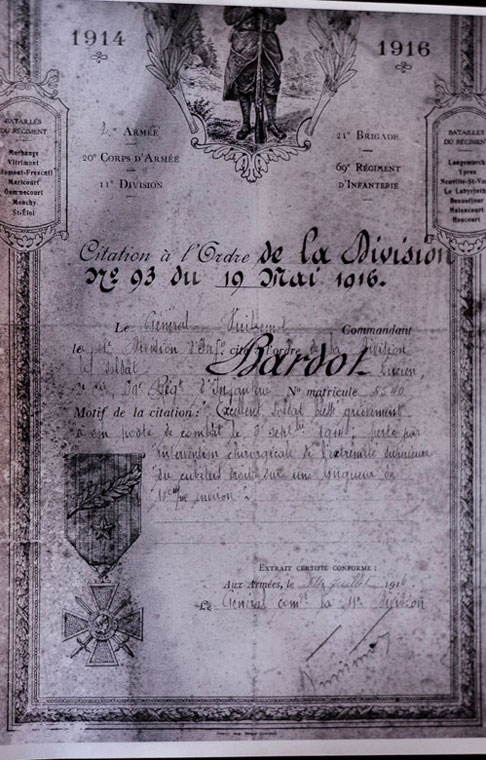 Citation à l'ordre de la division (Document : Jean-Jacques Bardot)