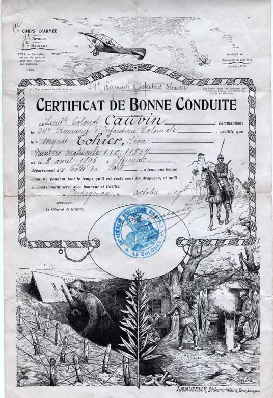 Certificat de bonne conduite (Document : Eric Tohier. https://overthereifiamthere.net/2016/09/29/hommage-aux-combattants-de-la-grande-guerre-1914-1918/)