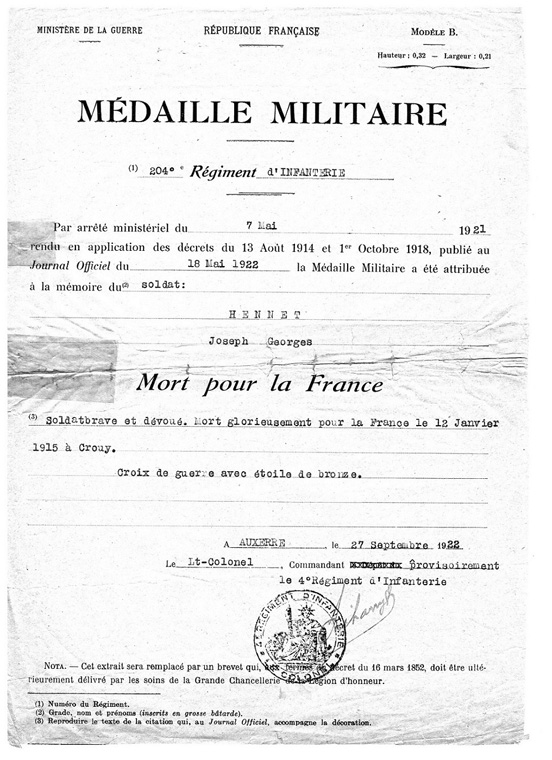 Joseph Georges Hennet: médaille militaire    (Documents: Anne-Marie Benard)