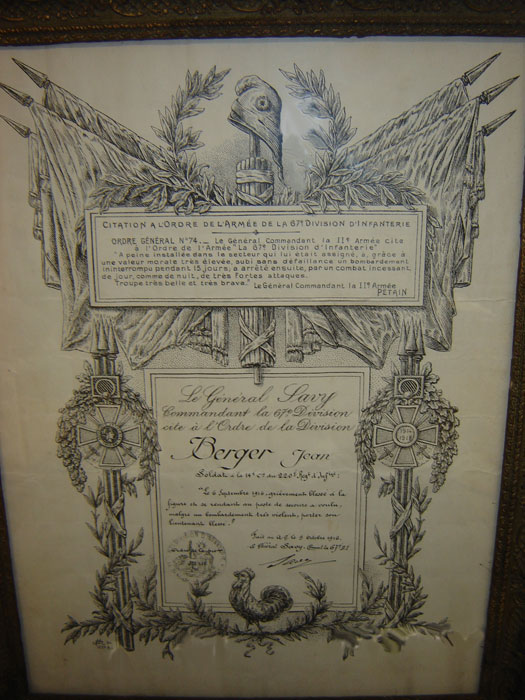 Berger Jean, citation à l'ordre de l'armée (Collection privée: A-R)